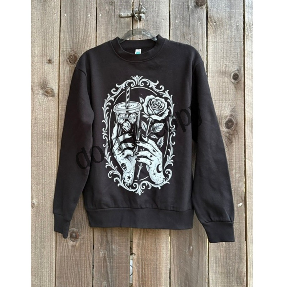 Wild Harmony Black Graphic Sweatshirt Tattooed Hands Iced Coffee Rose Goth Small
